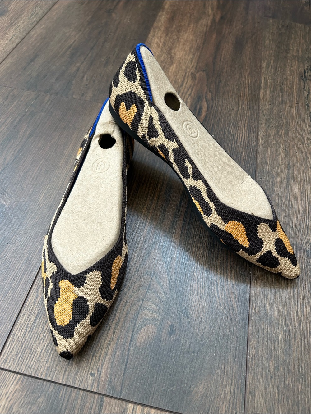 Rothy's Leopard Knit Pointed Flats in Black, Tan & Gold Trim